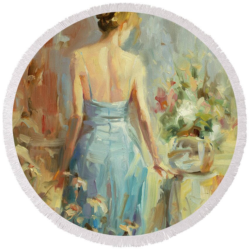 Woman Round Beach Towel featuring the painting Thoughtful by Steve Henderson