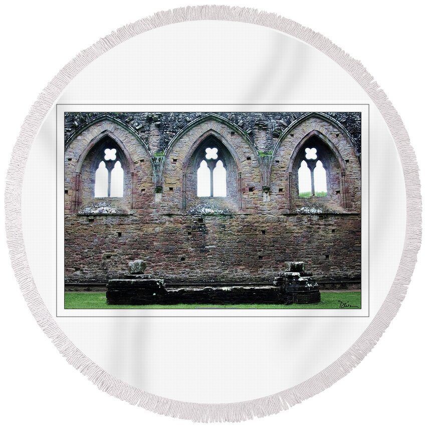 Tintern Abbey Round Beach Towel featuring the photograph Three Arches at Tintern Abbey by Peggy Dietz