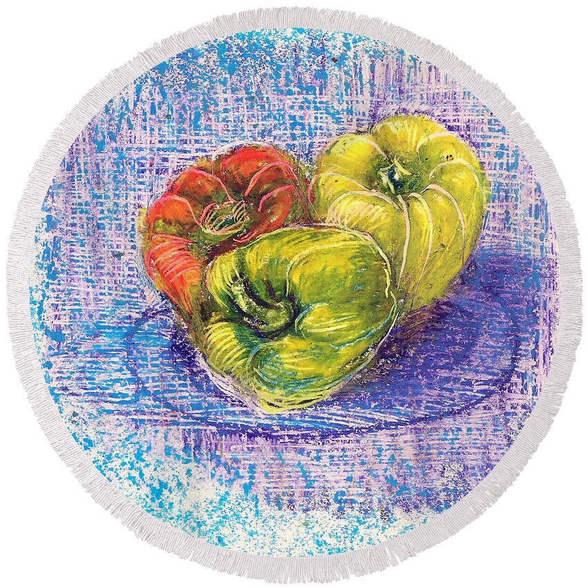 Three Capsicums Round Beach Towel featuring the drawing Three capsicums by Asha Sudhaker Shenoy