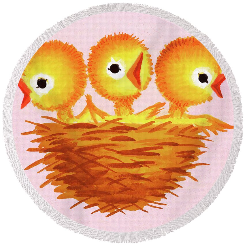 Animal Round Beach Towel featuring the drawing Three Chicks in a Nest by CSA Images