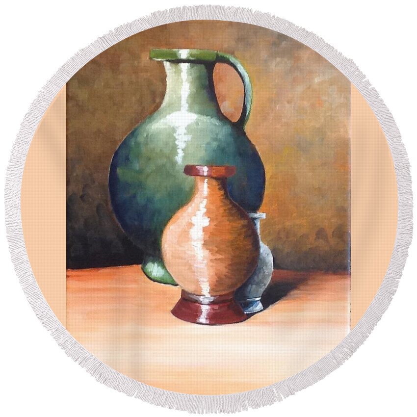 This Is A Still Life Of Three Ceramic Pitchers With Different Colors. The Two Large Pitchers Have A Reflective Surface. They Are Staged In The Corner Of A Small Counter. The Background Was Done With Many Different Colors To Portray A Old Wall Paper.  Round Beach Towel featuring the painting Three Pitchers by Martin Schmidt
