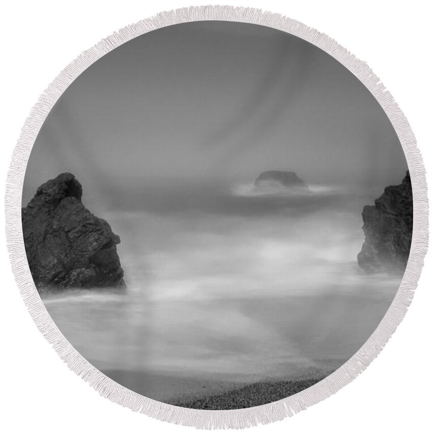 Long Exposure Round Beach Towel featuring the photograph Three rocks mystery by Alessandra RC