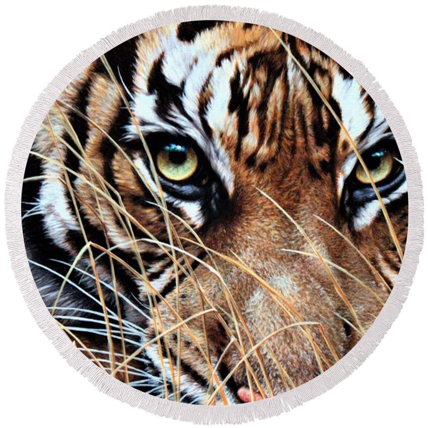 Paintings Round Beach Towel featuring the painting Tiger Eyes by Alan M Hunt by Alan M Hunt