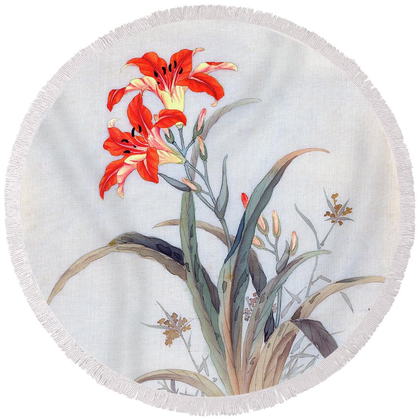 Chikutei Round Beach Towel featuring the painting Tiger Lily by Chikutei
