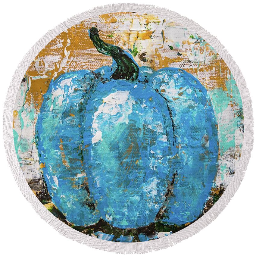 Pumpkin Round Beach Towel featuring the painting Tiny Blue Pumpkin by Cheryl McClure