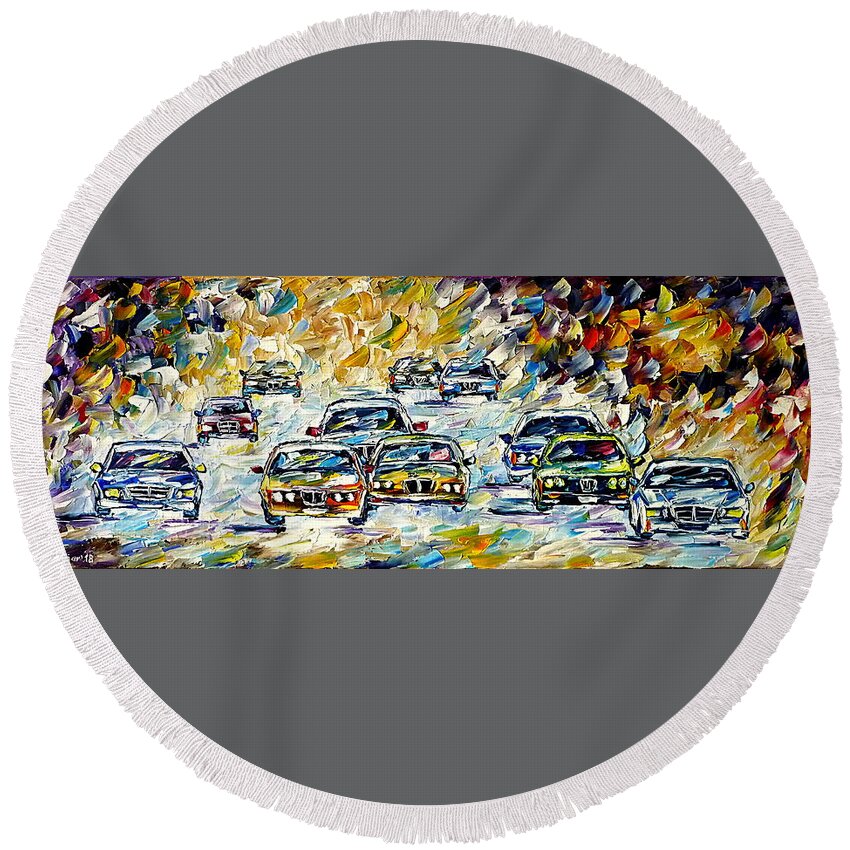 Race Car Round Beach Towel featuring the painting Touring Car Race by Mirek Kuzniar