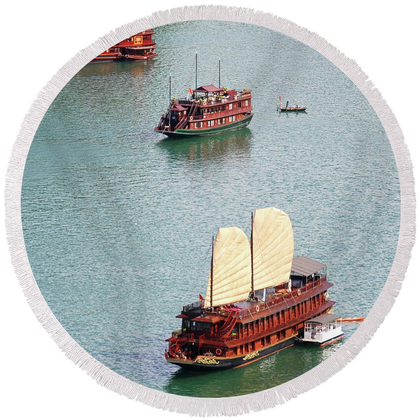 Seascape Round Beach Towel featuring the photograph Tourist wooden Boats at Halong Bay Vietnam by Michalakis Ppalis