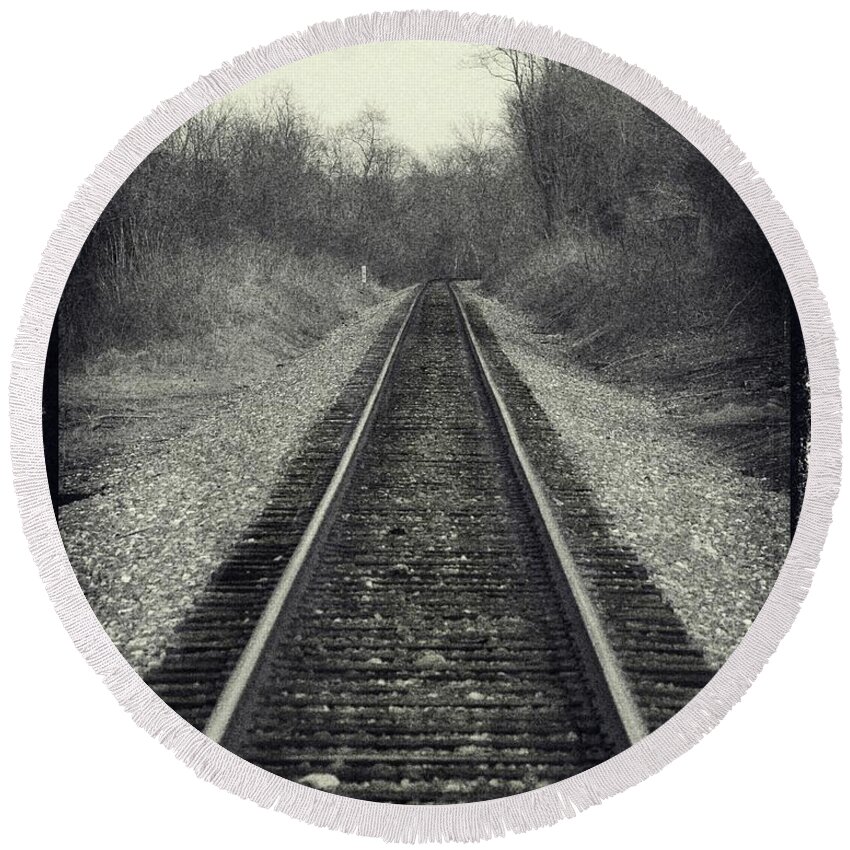 Railroad Trains Round Beach Towel featuring the photograph Tracks To Somewhere by M Three Photos