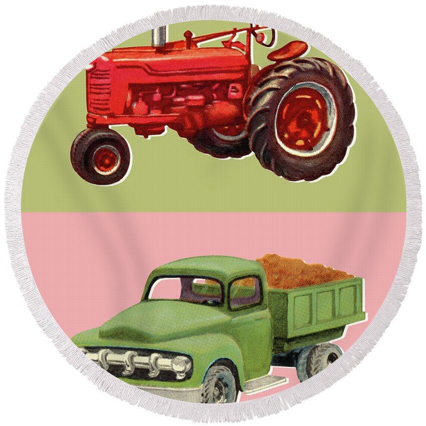 Agriculture Round Beach Towel featuring the drawing Tractor and Pickup Truck by CSA Images