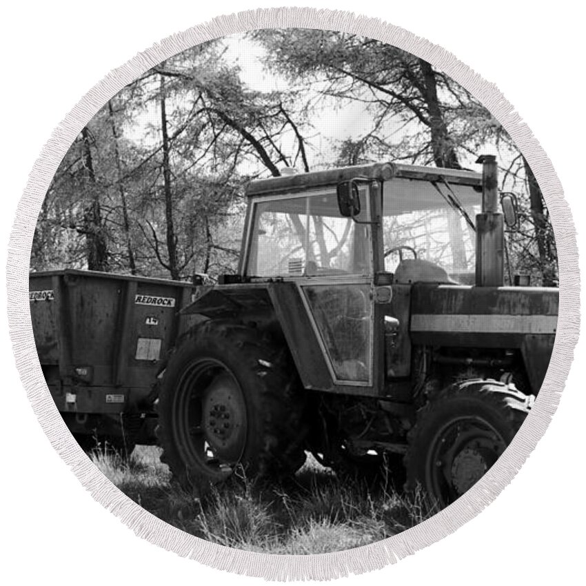 Old Round Beach Towel featuring the photograph Tractor and the trail by Lukasz Ryszka