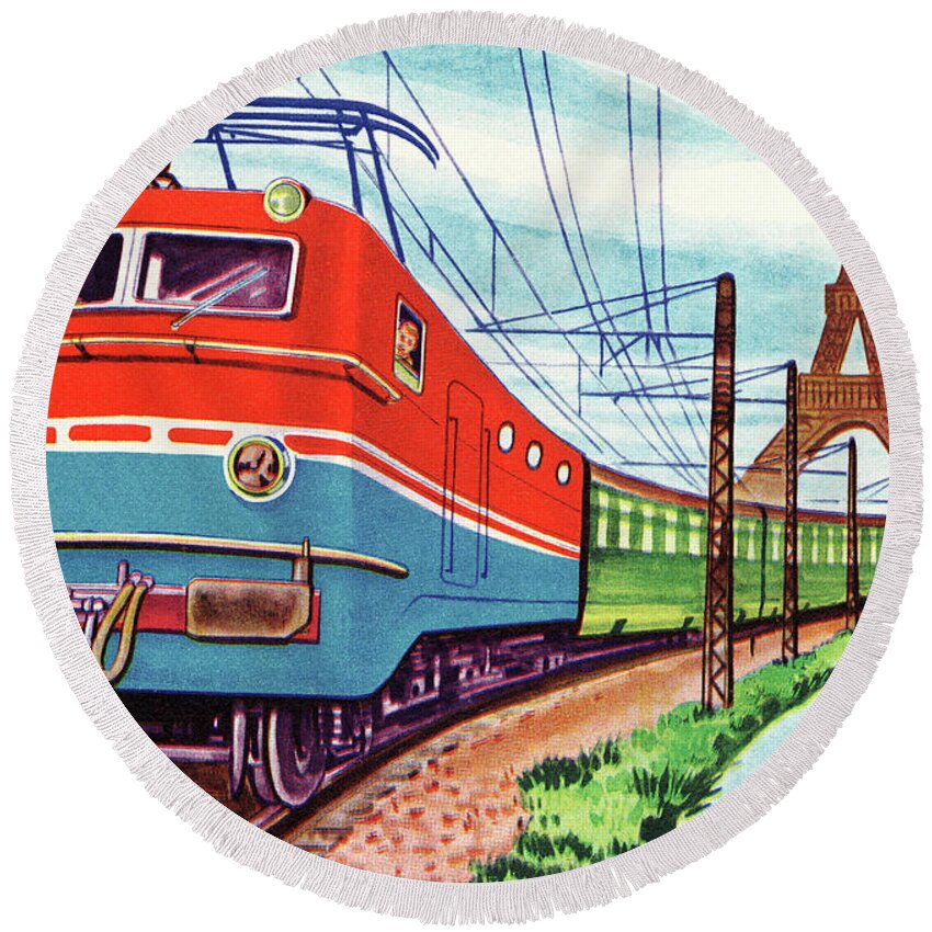 Campy Round Beach Towel featuring the drawing Train in Paris by CSA Images