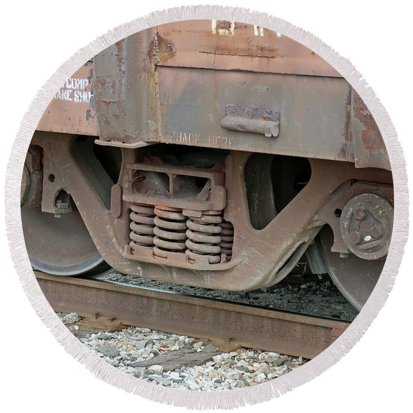 Train Wheels On Track Round Beach Towel featuring the photograph Train Wheels on Track by Connie Fox