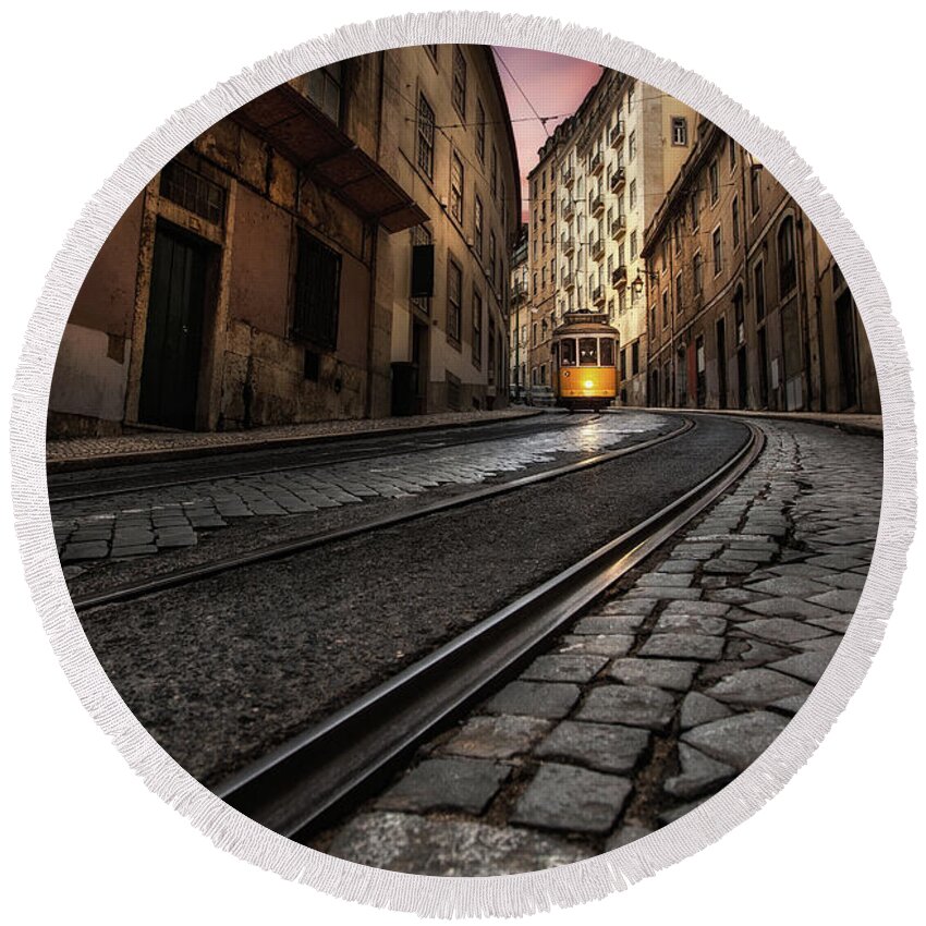 Lisbon Round Beach Towel featuring the photograph Tram 28 by Jorge Maia