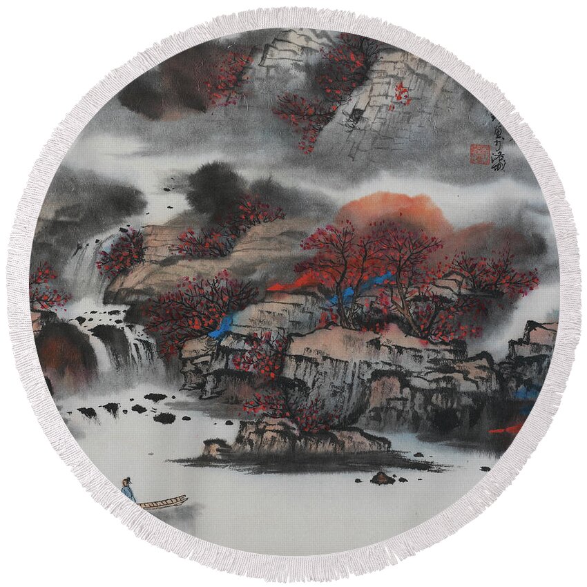 Chinese Watercolor Round Beach Towel featuring the painting Transition by Jenny Sanders
