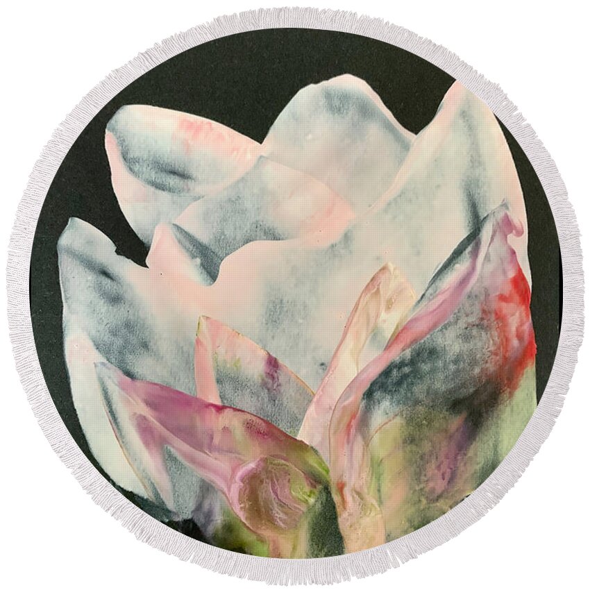 White Tulip Round Beach Towel featuring the painting Transparent Tulip by Tommy McDonell
