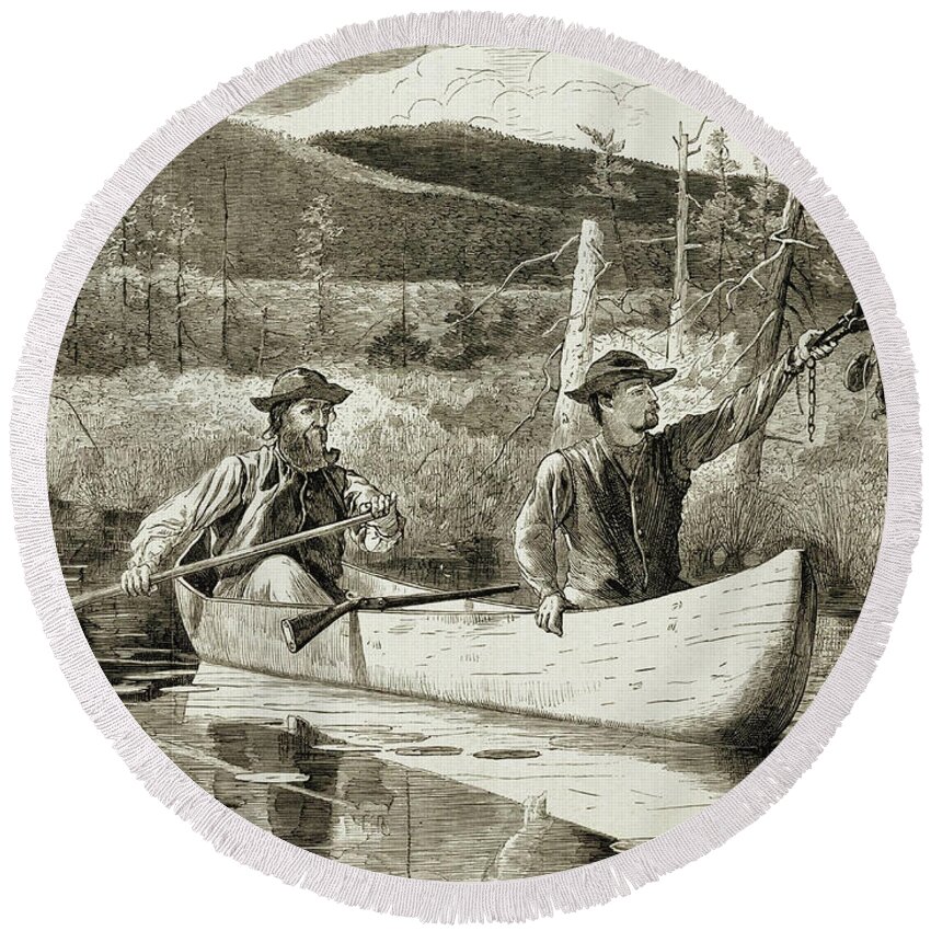 Trapping In The Adirondacks Round Beach Towel featuring the drawing Trapping in the Adirondacks by Winslow Homer1870 by Movie Poster Prints