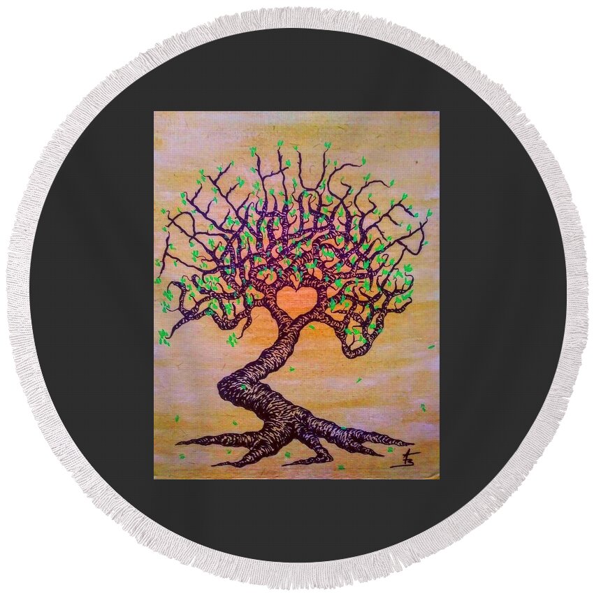 Trees Round Beach Towel featuring the drawing Tree Hugger Love Tree w/ foliage by Aaron Bombalicki