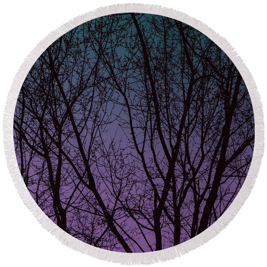 Trees Round Beach Towel featuring the digital art Tree Silhouette Against Blue and Purple by Jason Fink