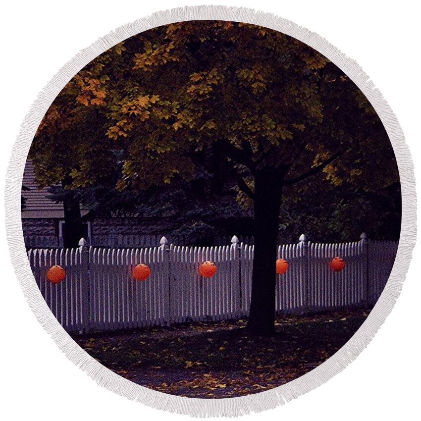 Halloween Round Beach Towel featuring the photograph Trick or Treat Trail Pumpkins White Picket Fence Autumn Tree by Frank J Casella