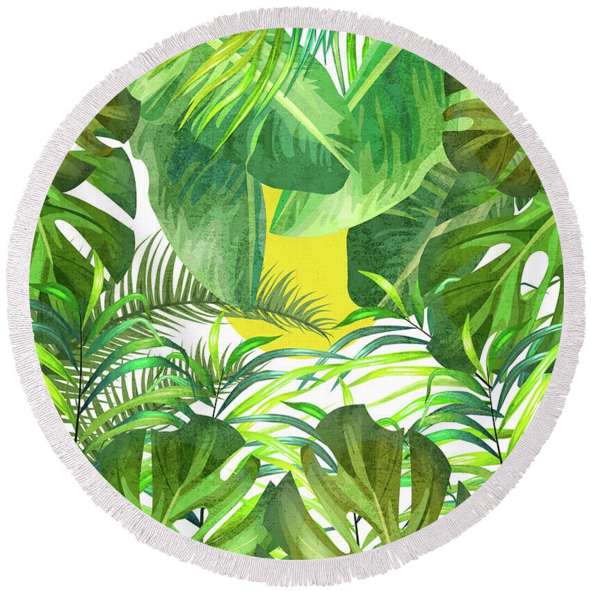Tropical Round Beach Towel featuring the mixed media Tropical Leaf Pattern 01- Banana, Palm Leaf, Monstera Leaf - Green, Freshness, Tropical, Botanical by Studio Grafiikka