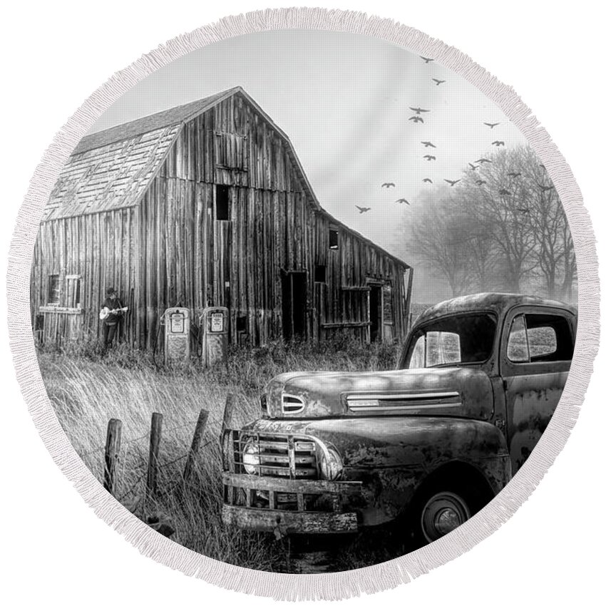 1951 Round Beach Towel featuring the photograph Truck in the Fog in Black and White by Debra and Dave Vanderlaan