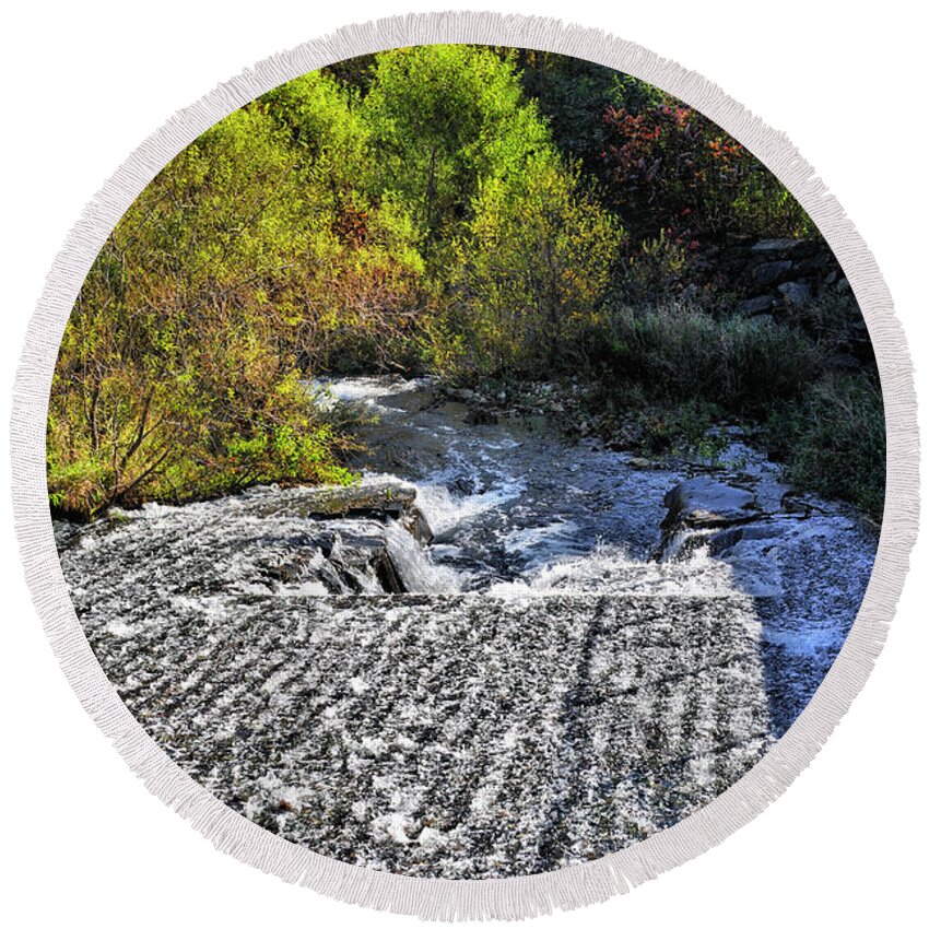 Autumn Round Beach Towel featuring the photograph Turning Leaves Flowing Water by Luke Moore