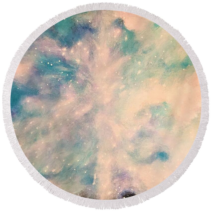 Space Round Beach Towel featuring the painting Turquoise Cosmic Cloud by Esperanza Creeger