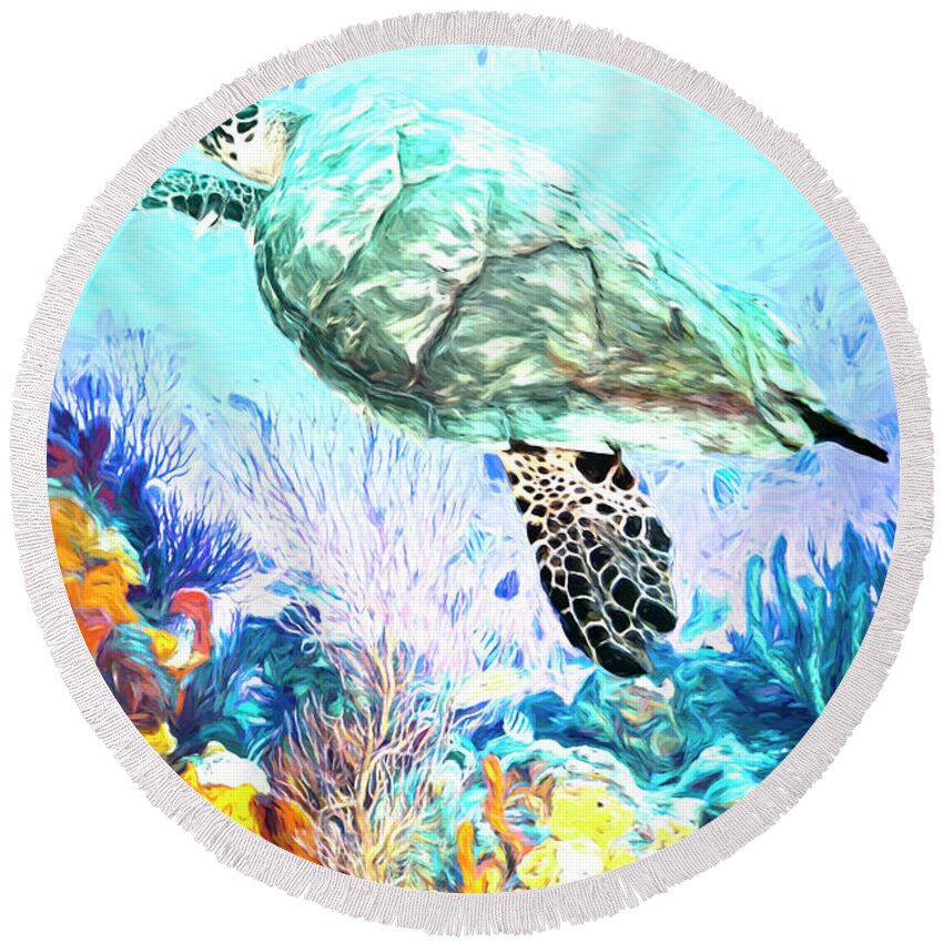 Atlantic Round Beach Towel featuring the photograph Turtle at the Reef Painting by Debra and Dave Vanderlaan