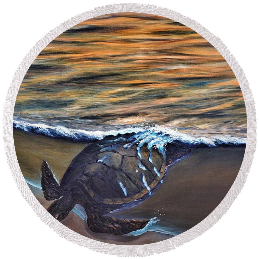 Sea Round Beach Towel featuring the painting Turtle Coming Ashore by Torrence Ramsundar