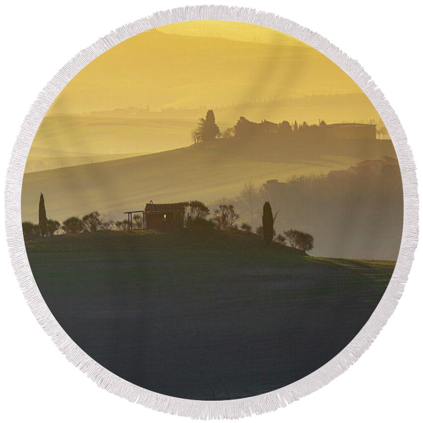 Landscape Round Beach Towel featuring the photograph Tuscan Rolling Farmland by Heiko Koehrer-Wagner