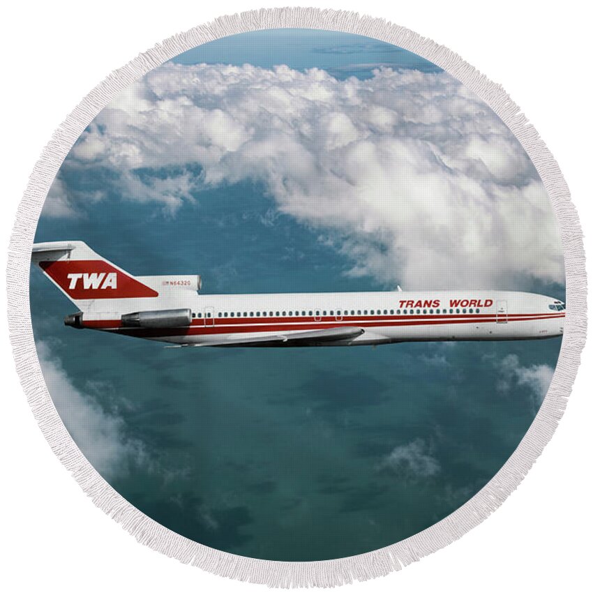 Trans World Airlines Round Beach Towel featuring the mixed media TWA Boeing 727 Above the Clouds by Erik Simonsen