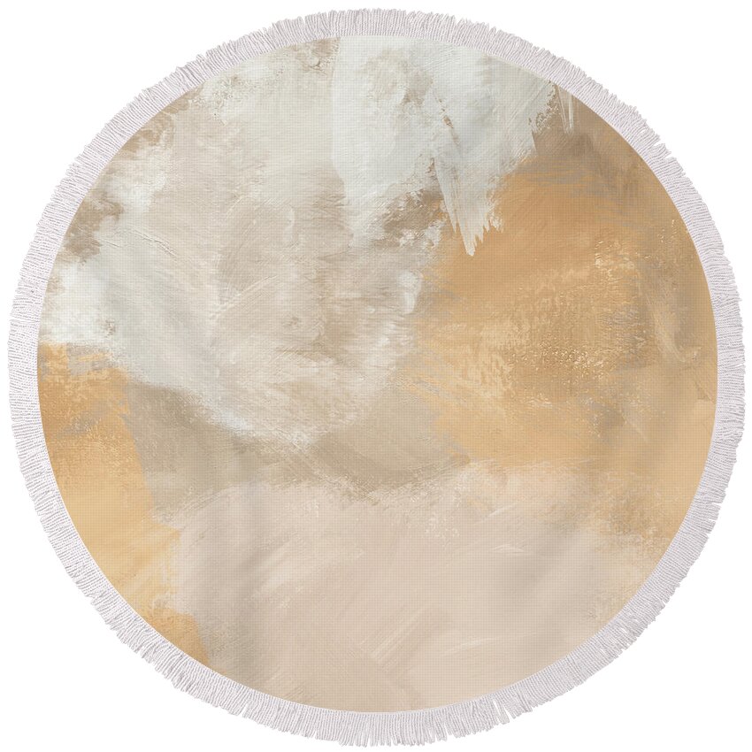Neutral Round Beach Towel featuring the painting Twilight Gold- Neutral Abstract Art by Linda Woods by Linda Woods