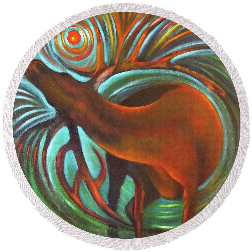 Elk Round Beach Towel featuring the painting Twisted Elk by Sherry Strong