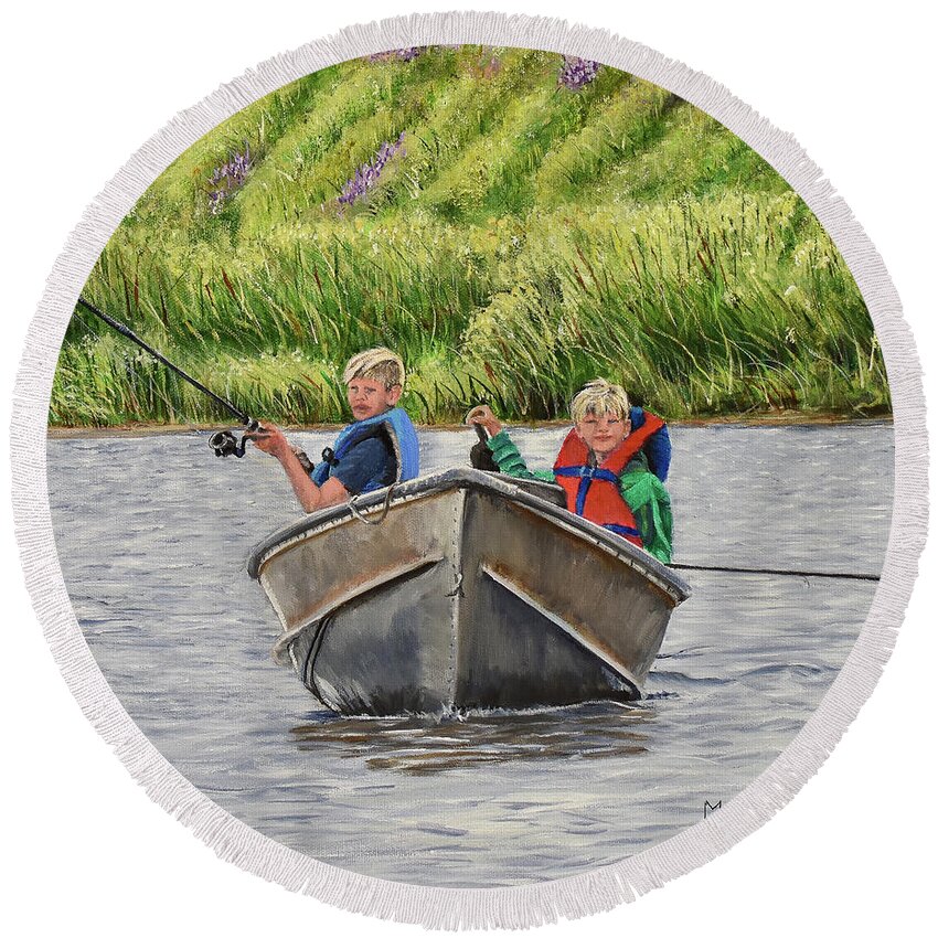  Young Round Beach Towel featuring the painting Two Boys and a Boat by Marilyn McNish
