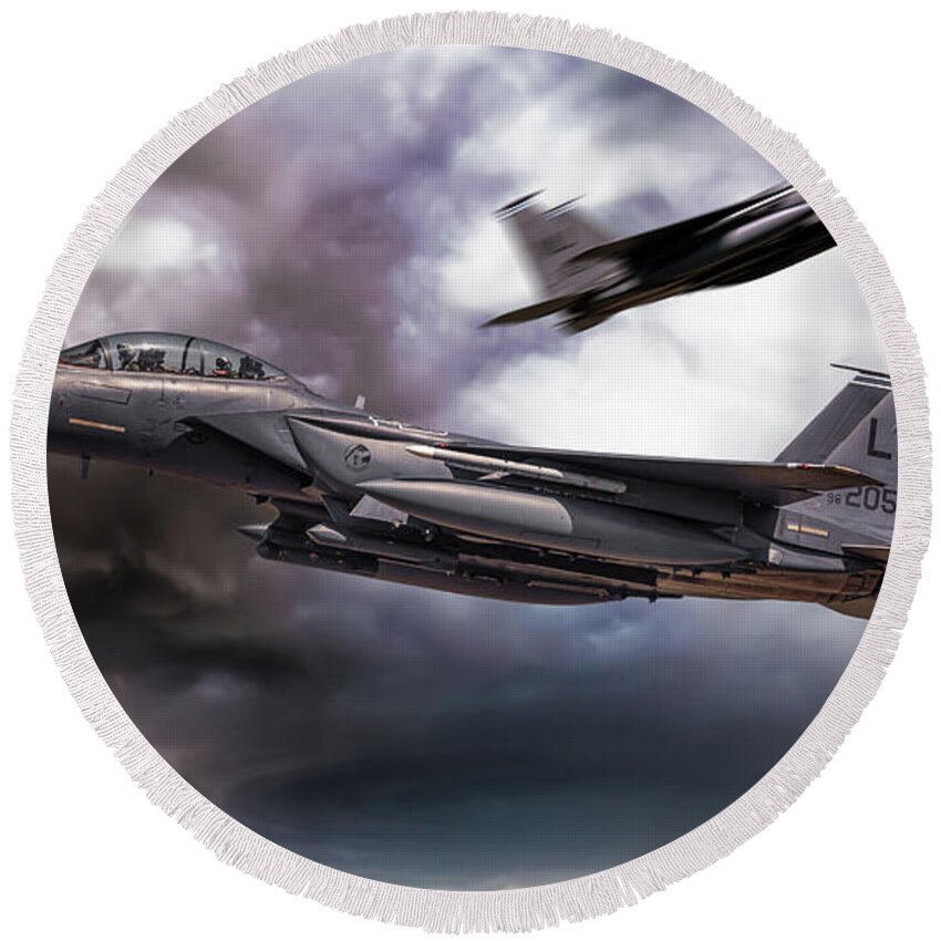 F15 Round Beach Towel featuring the digital art Two F-15E Strike Eagle passing in storm clouds by Simon Bratt