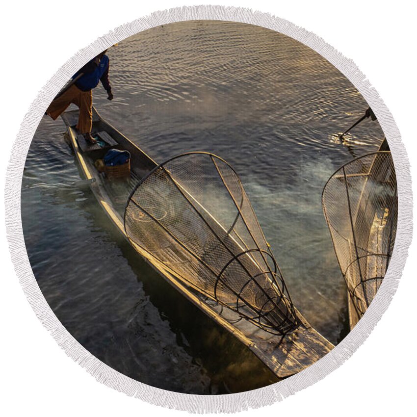 Fishermen Round Beach Towel featuring the photograph two traditional Intha fishermen by Ann Moore