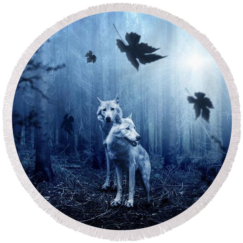Cute Round Beach Towel featuring the photograph Two wolves by Top Wallpapers