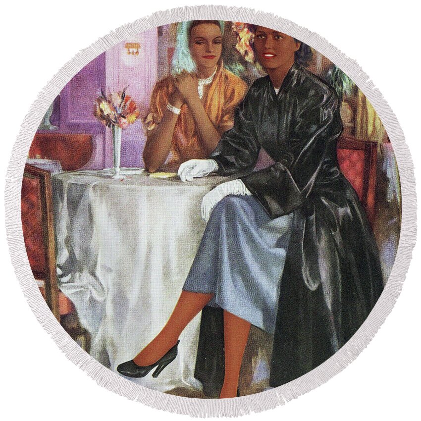 Accessories Round Beach Towel featuring the drawing Two Women Seating at a Restaurant Table by CSA Images