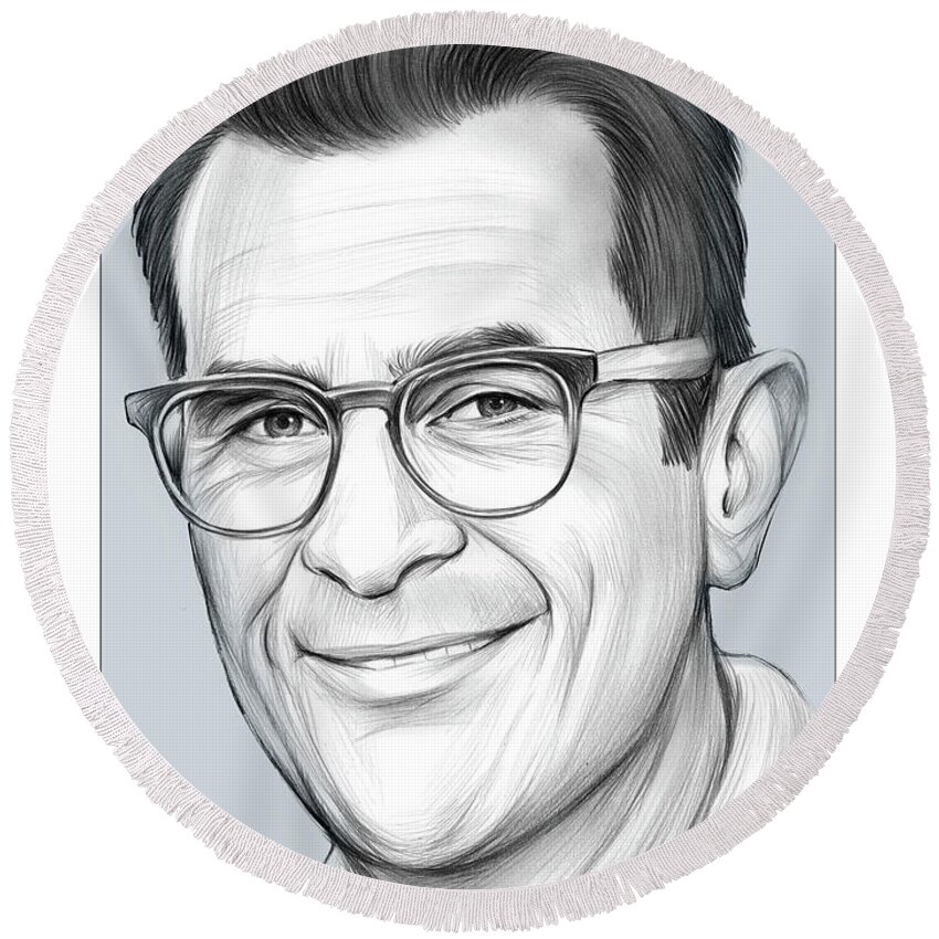 Ty Burrell Round Beach Towel featuring the drawing Ty Burrell by Greg Joens