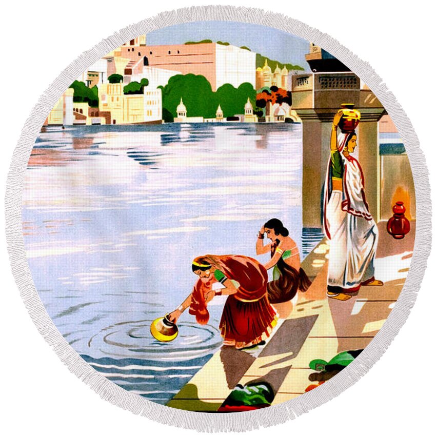 Udaipur Round Beach Towel featuring the digital art Udaipur, India by Long Shot