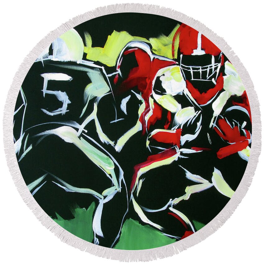 Uga Football Round Beach Towel featuring the painting UGA Dodge by John Gholson