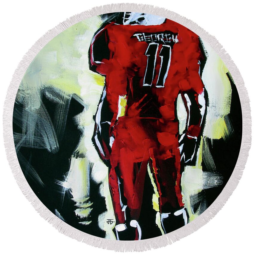Uga Football Round Beach Towel featuring the painting UGA Thoughts by John Gholson