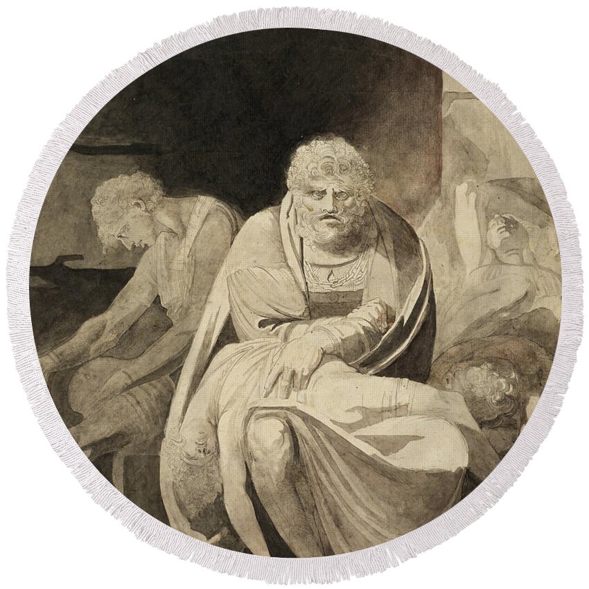 19th Century Art Round Beach Towel featuring the drawing Ugolino and His Sons Starving to Death in the Tower by Henry Fuseli