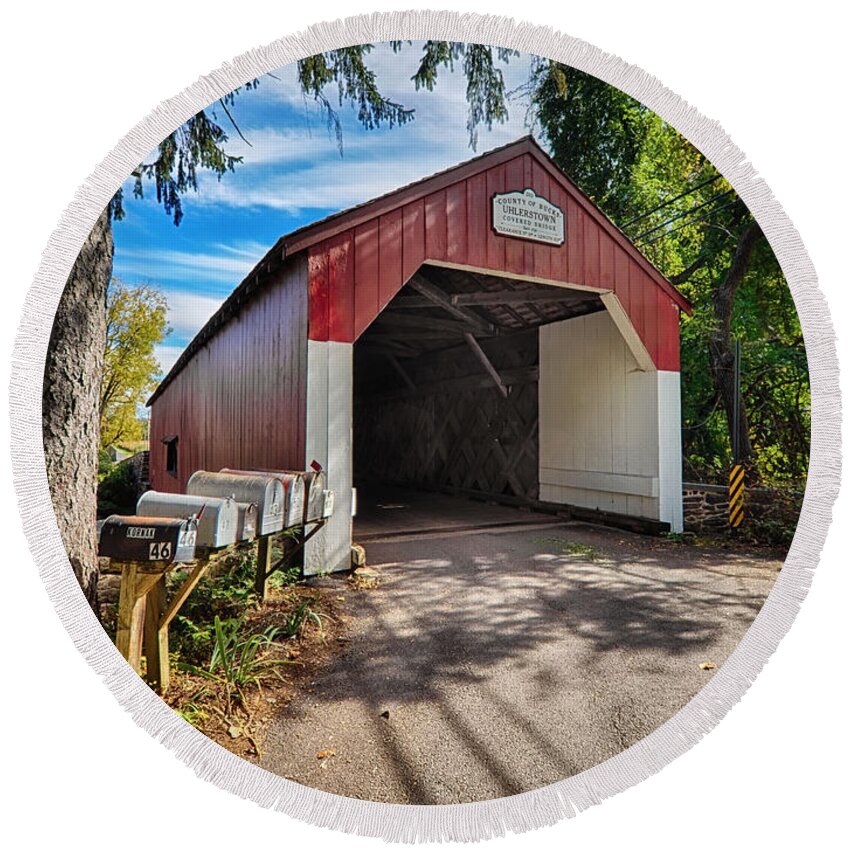 Uhlerstown Round Beach Towel featuring the photograph Uhlerstown Covered Bridge by Mark Miller