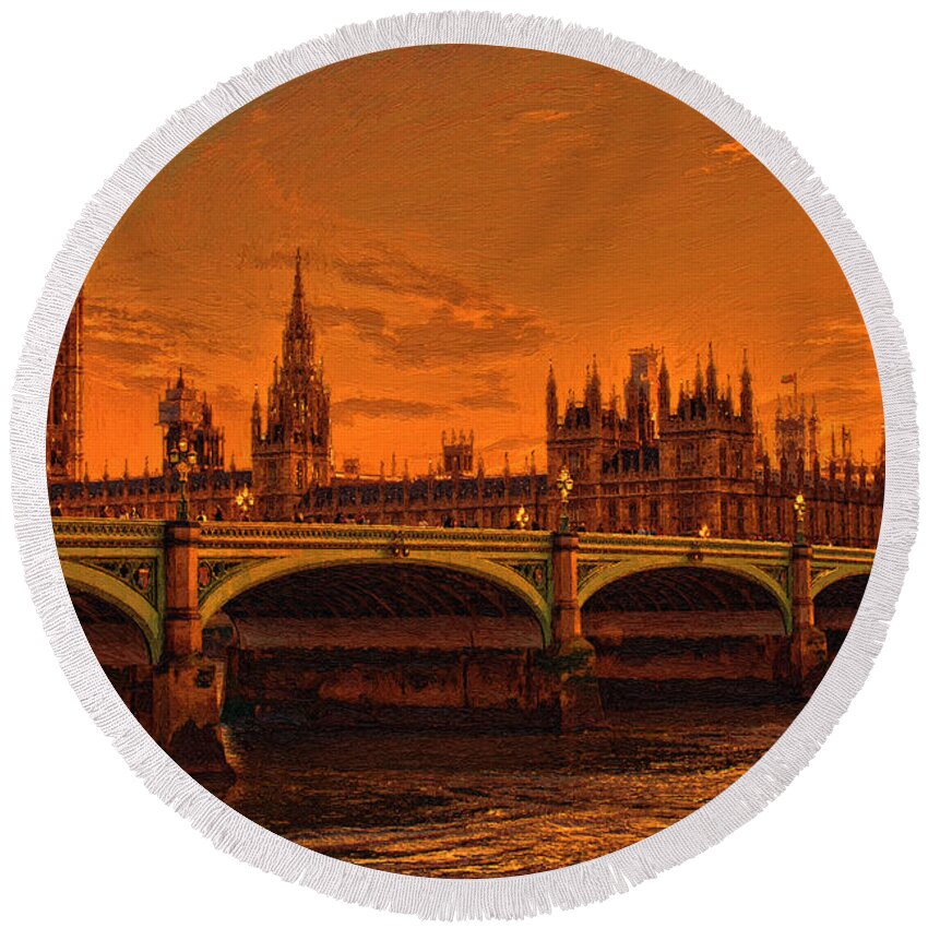 Landscape Round Beach Towel featuring the painting UK Parliament Skyline - DWP1530055 by Dean Wittle