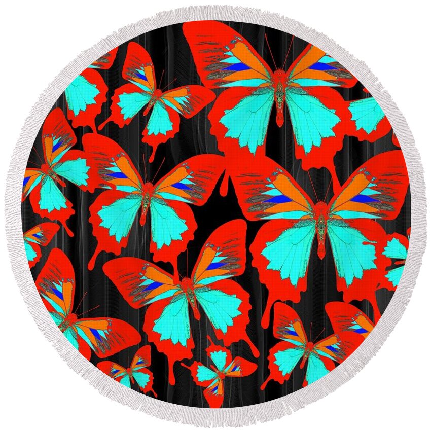 Ulysses Butterfly Round Beach Towel featuring the drawing Ulysses Multi Red by Joan Stratton