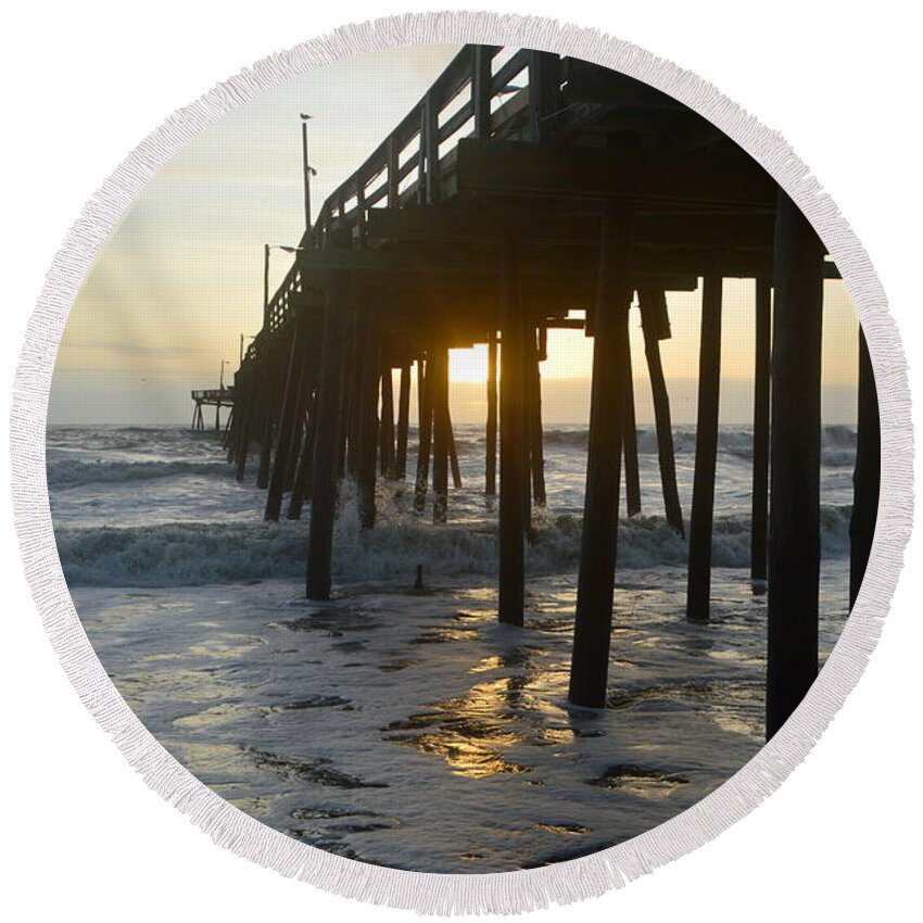 Obx Sunrise Round Beach Towel featuring the photograph Under the Pier 8/27 by Barbara Ann Bell