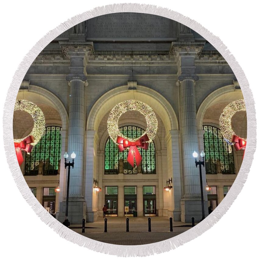 Union Station Round Beach Towel featuring the photograph Union Station Holiday by Lora J Wilson