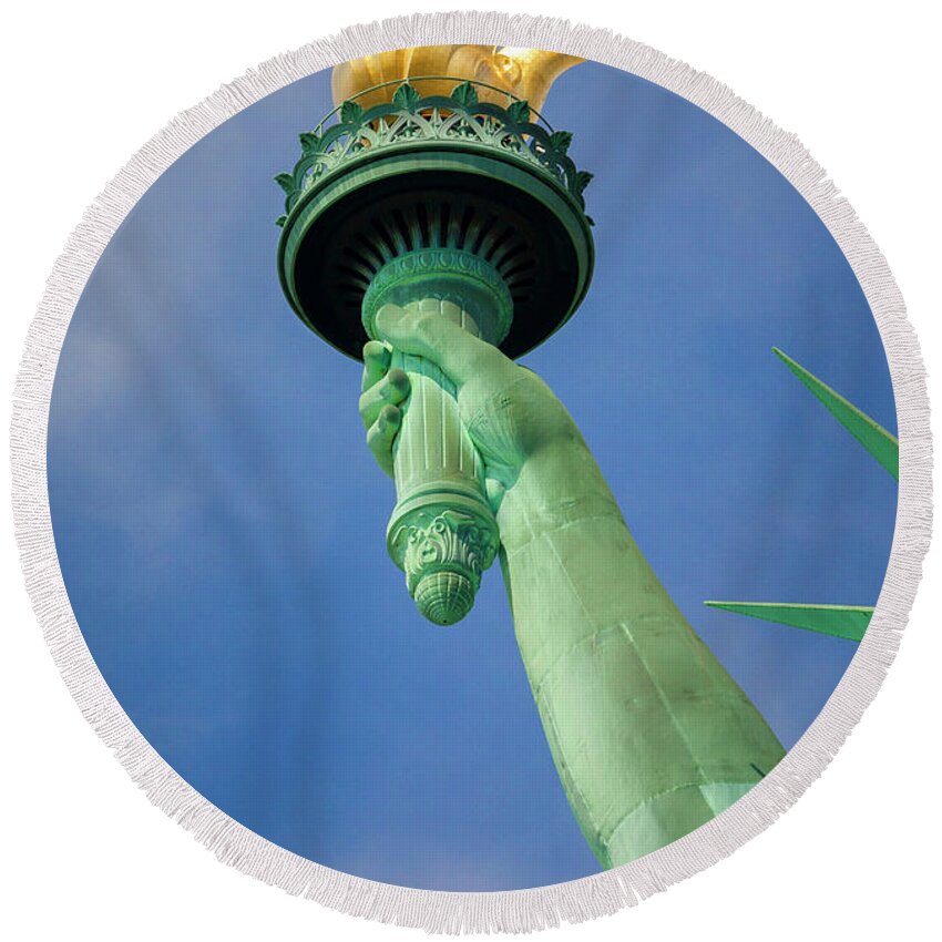Estock Round Beach Towel featuring the digital art United States, New York City, Manhattan, Lower Manhattan, Liberty Island, Statue Of Liberty. by Olimpio Fantuz