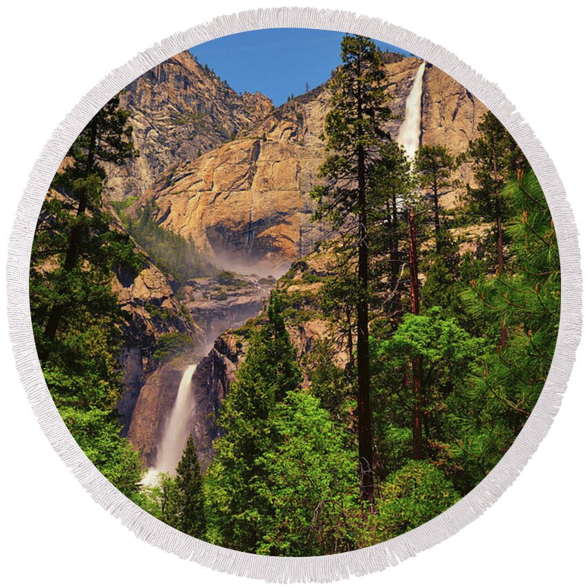 Yosemite National Park Round Beach Towel featuring the photograph Upper and Lower Yosemite Falls by Greg Norrell